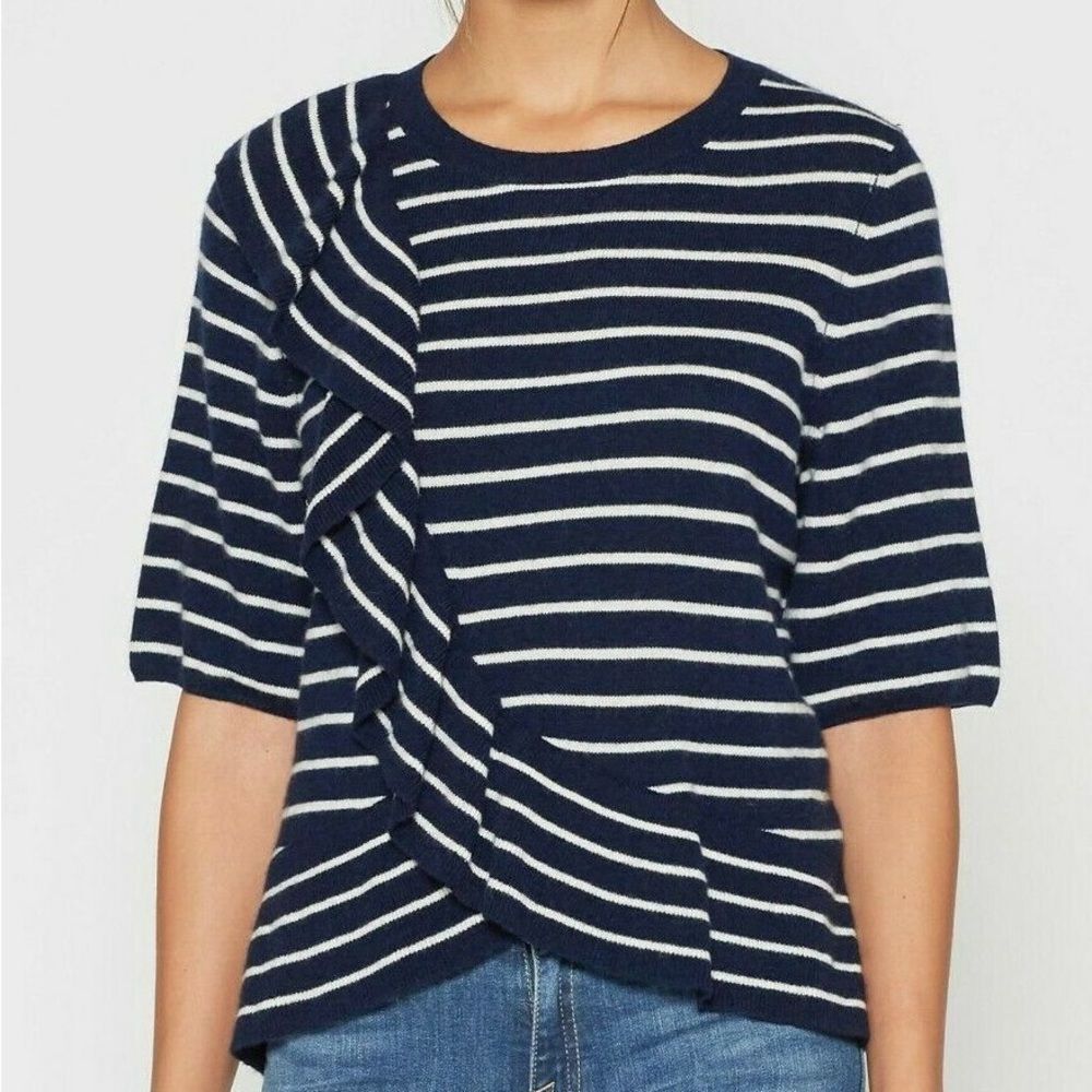 Joie Jayni B Wool Cashmere Ruffle Navy White Short Sleeve Sweater Size M
